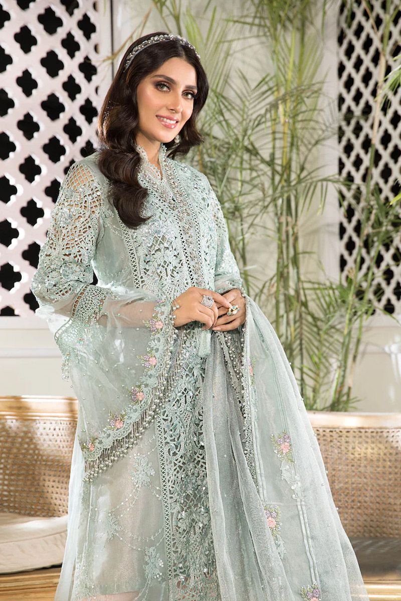 Maria B BD-2206 Style — Mairaz Sky Blue & Peach Salwar Kameez