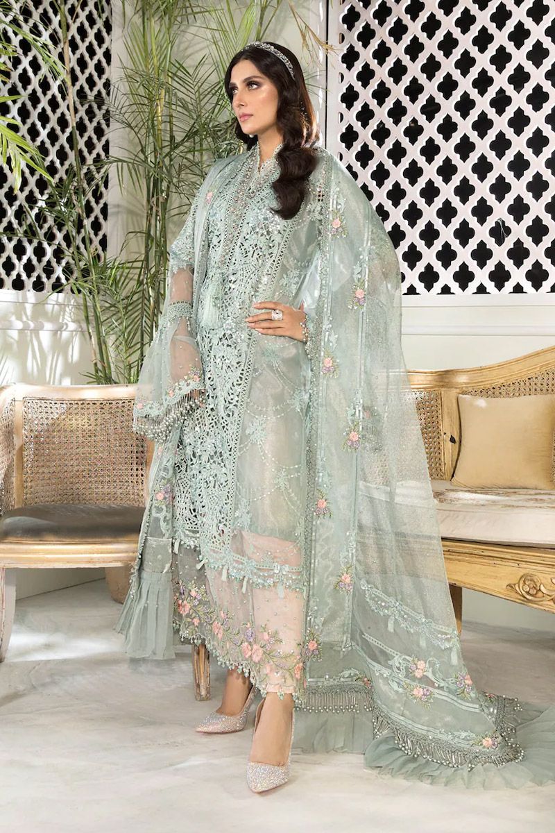 Maria B BD-2206 Style — Mairaz Sky Blue & Peach Salwar Kameez