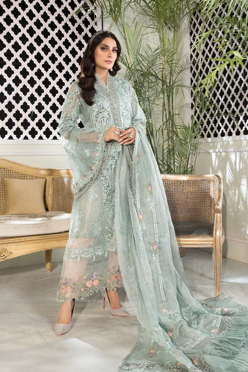 Maria B BD-2206 Style — Mairaz Sky Blue & Peach Salwar Kameez