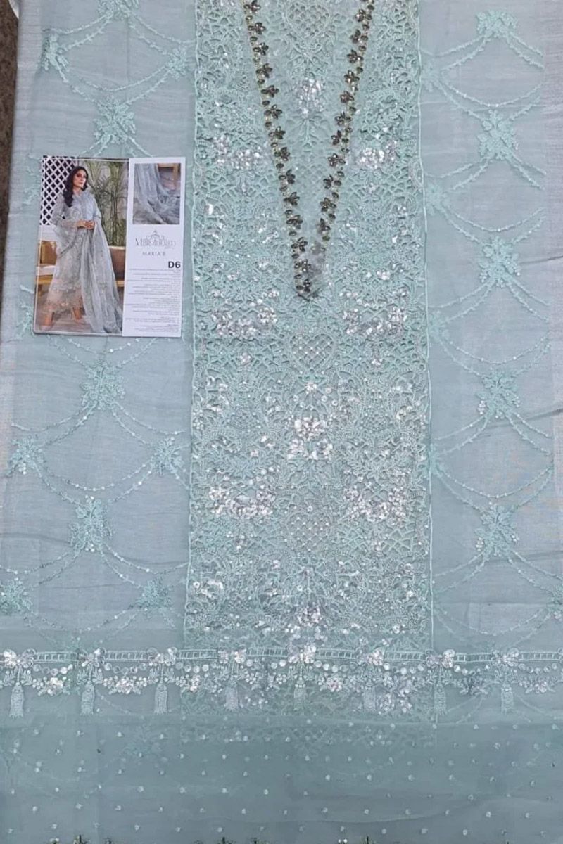 Maria B BD-2206 Style — Mairaz Sky Blue & Peach Salwar Kameez