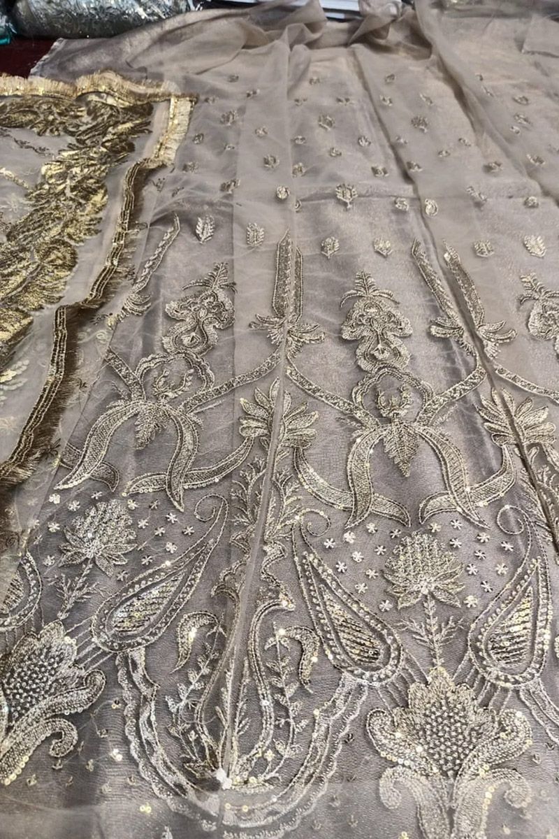 Afrozeh Eveline Style — Mairaz Brown Net Long Frock