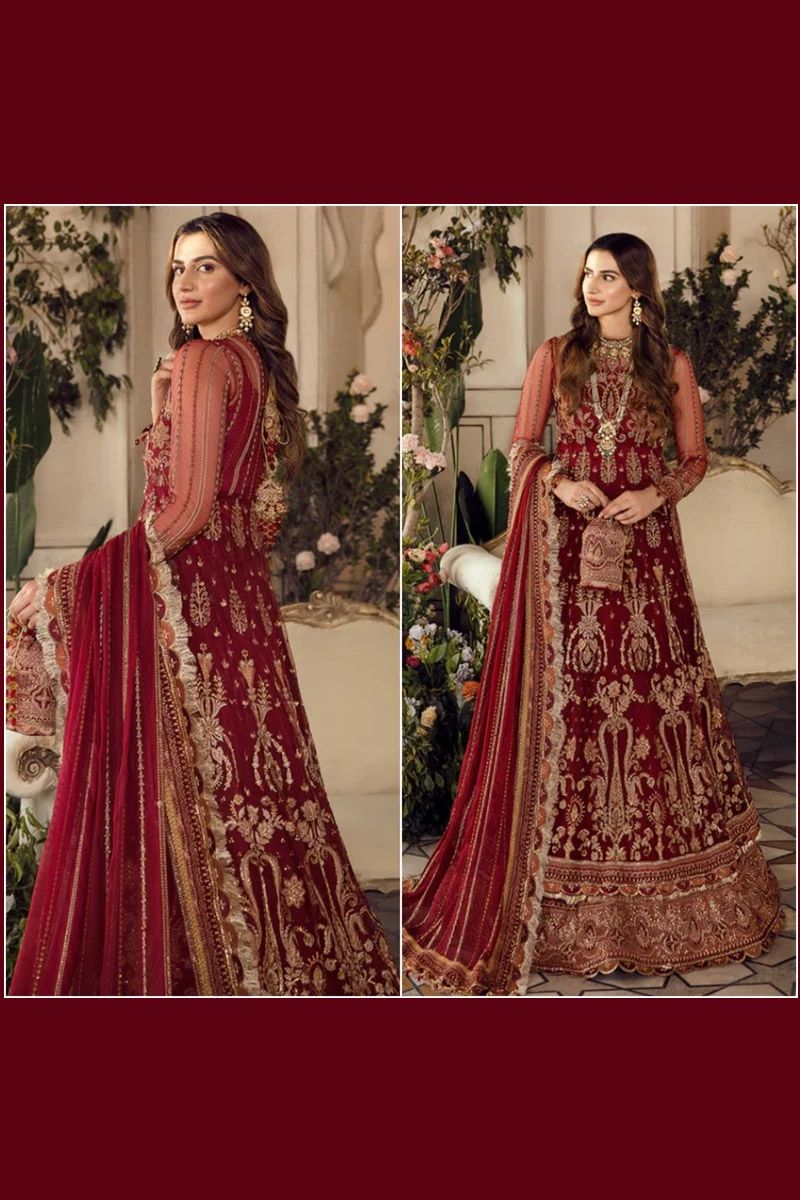 Afrozeh Sienna Style — Mairaz Red Net Long Frock