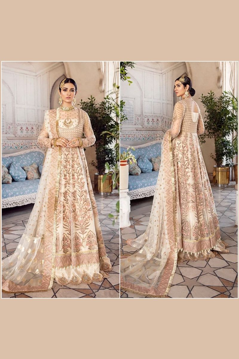 Afrozeh Jahan Ara Style — Mairaz Beige Net Long Frock