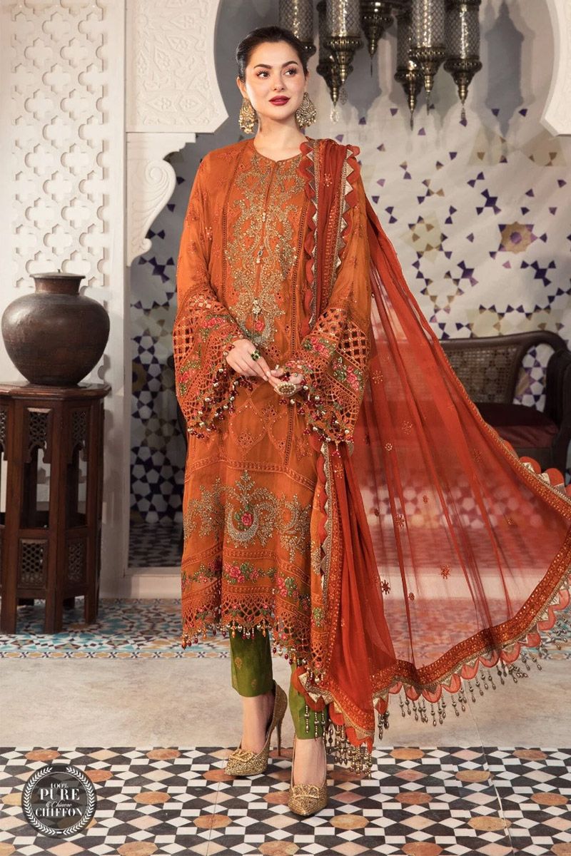 Maria B MPC-21-101 Style — Mairaz Rust & Olive Green Salwar Kameez