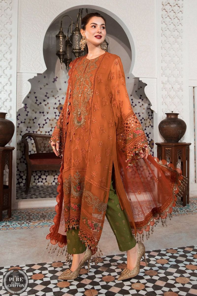 Maria B MPC-21-101 Style — Mairaz Rust & Olive Green Salwar Kameez