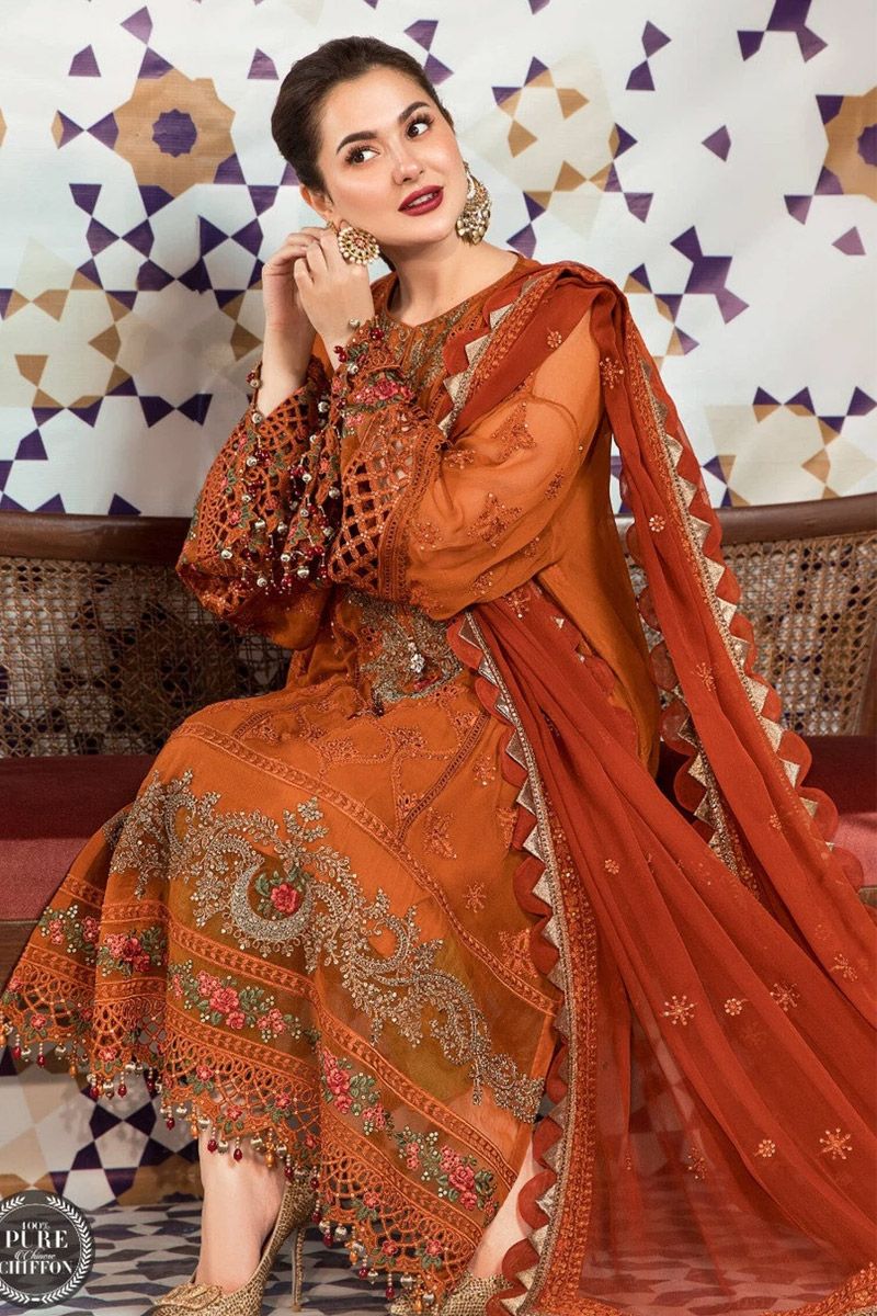 Maria B MPC-21-101 Style — Mairaz Rust & Olive Green Salwar Kameez