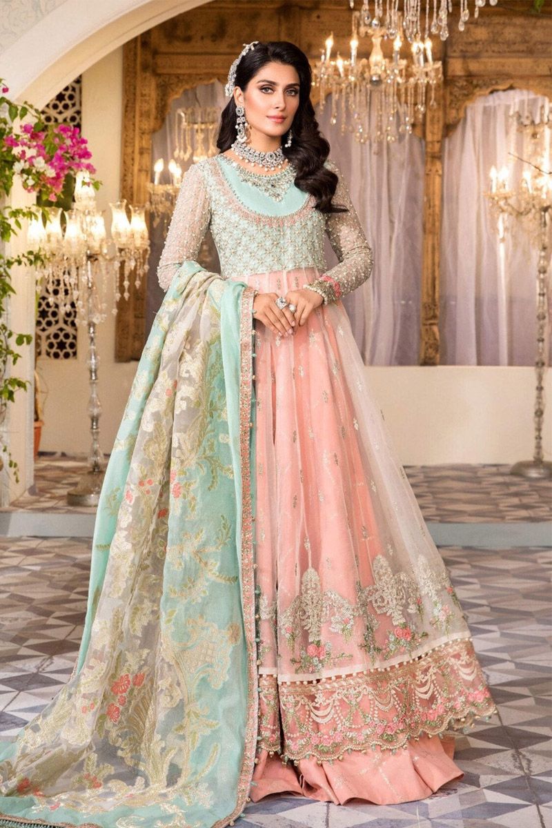 Maria B BD-2408 Style — Mairaz Pearl White & Peach & Aqua Long Frock