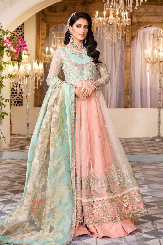 Maria B BD-2408 Style — Mairaz Pearl White & Peach & Aqua Long Frock