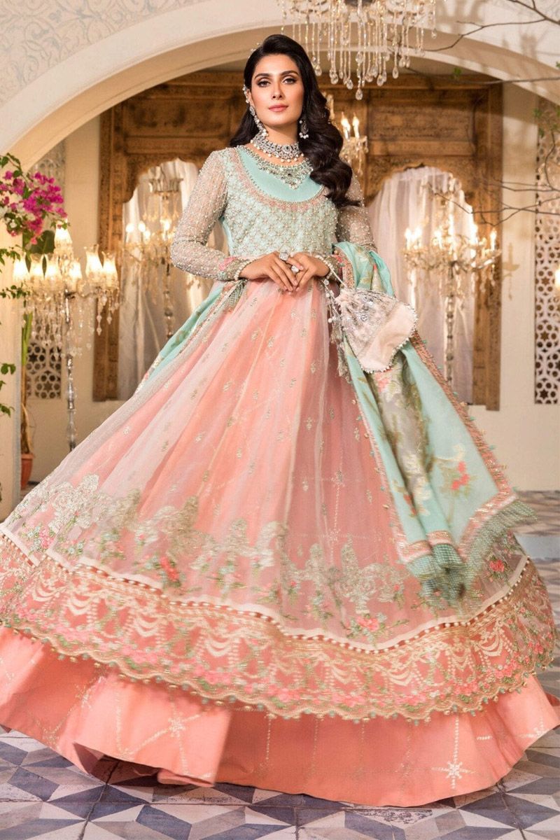 Maria B BD-2408 Style — Mairaz Pearl White & Peach & Aqua Long Frock