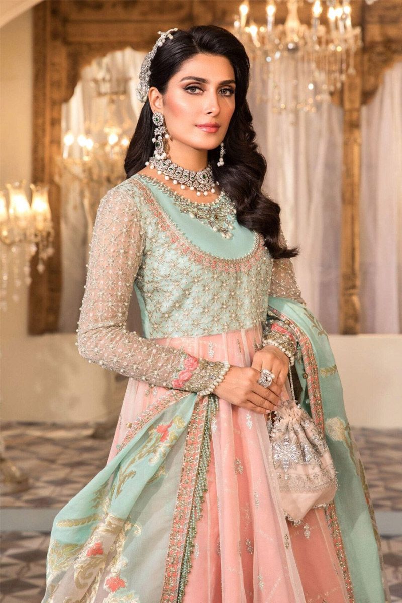 Maria B BD-2408 Style — Mairaz Pearl White & Peach & Aqua Long Frock