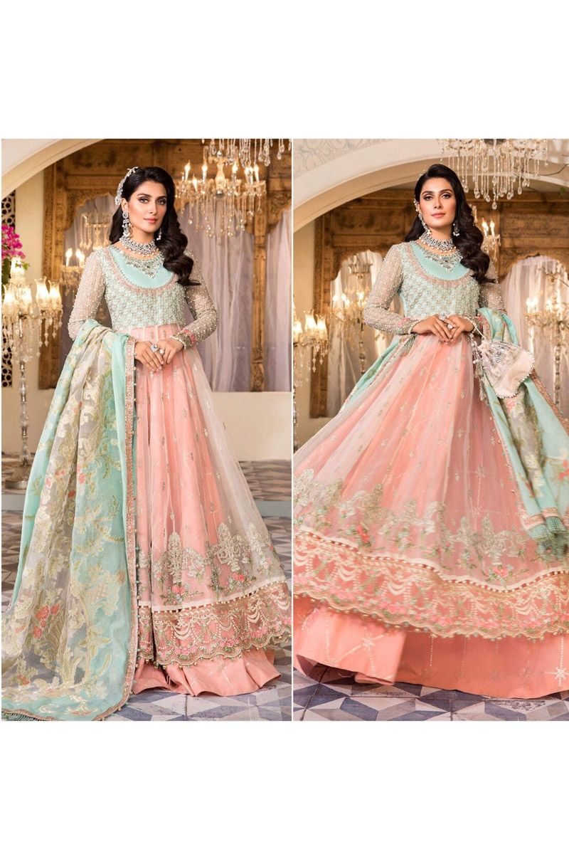 Maria B BD-2408 Style — Mairaz Pearl White & Peach & Aqua Long Frock