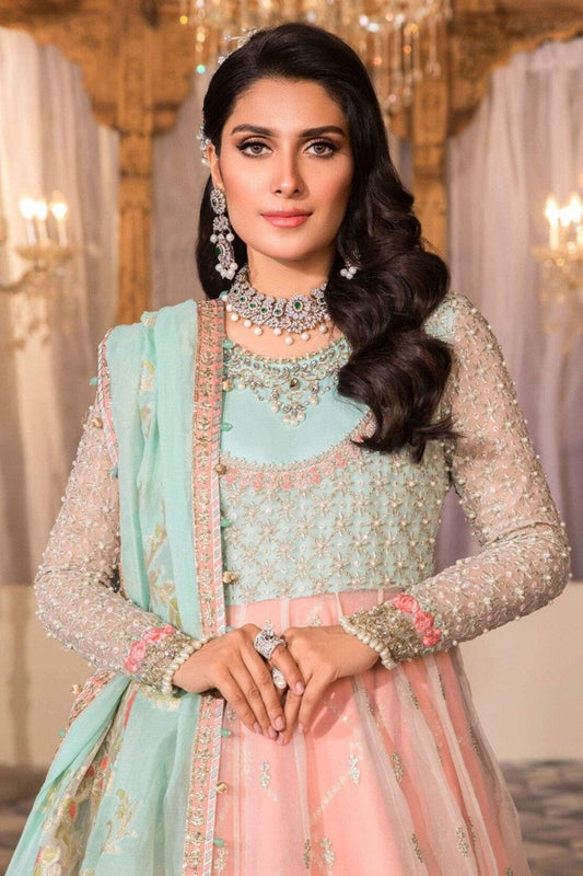 Maria B BD-2408 Style — Mairaz Pearl White & Peach & Aqua Long Frock