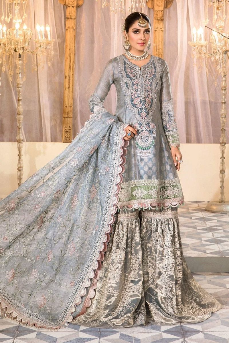 Maria B BD-2403 Style — Mairaz Pearl Blue & Ash Pink Gharara