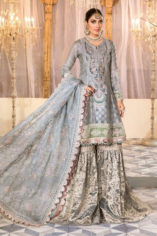 Maria B BD-2403 Style — Mairaz Pearl Blue & Ash Pink Gharara