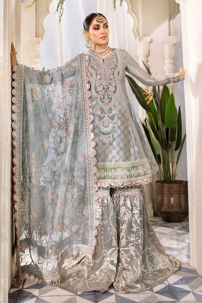 Maria B BD-2403 Style — Mairaz Pearl Blue & Ash Pink Gharara