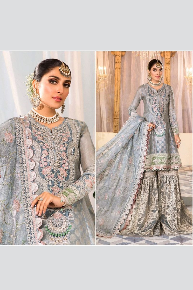 Maria B BD-2403 Style — Mairaz Pearl Blue & Ash Pink Gharara