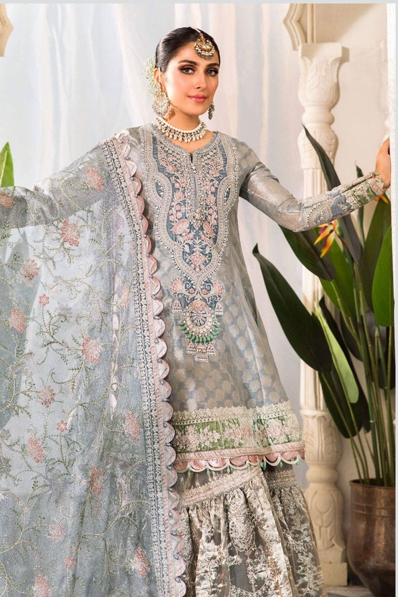 Maria B BD-2403 Style — Mairaz Pearl Blue & Ash Pink Gharara
