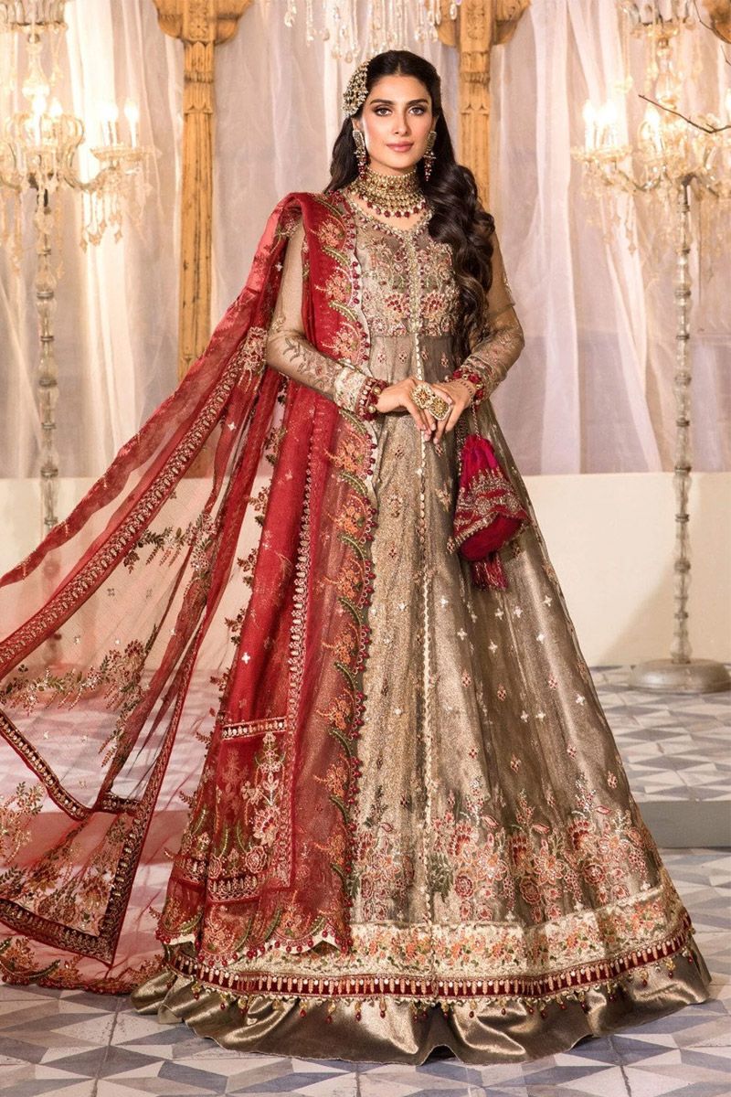 Maria B BD-2401 Style — Mairaz Burnt Gold & Maroon Long Frock