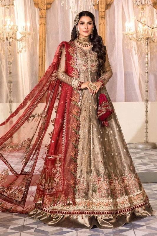 Maria B BD-2401 Style — Mairaz Burnt Gold & Maroon Long Frock