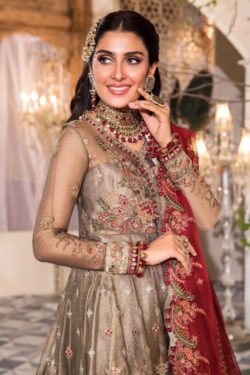 Maria B BD-2401 Style — Mairaz Burnt Gold & Maroon Long Frock