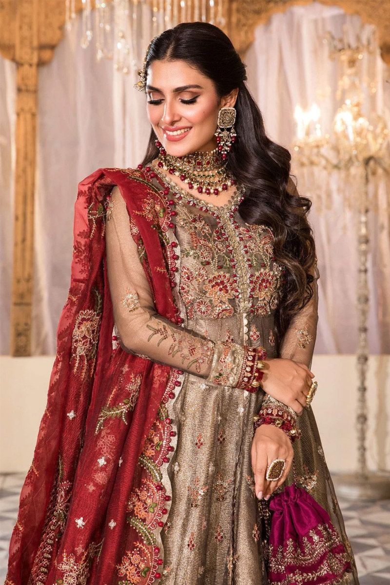 Maria B BD-2401 Style — Mairaz Burnt Gold & Maroon Long Frock