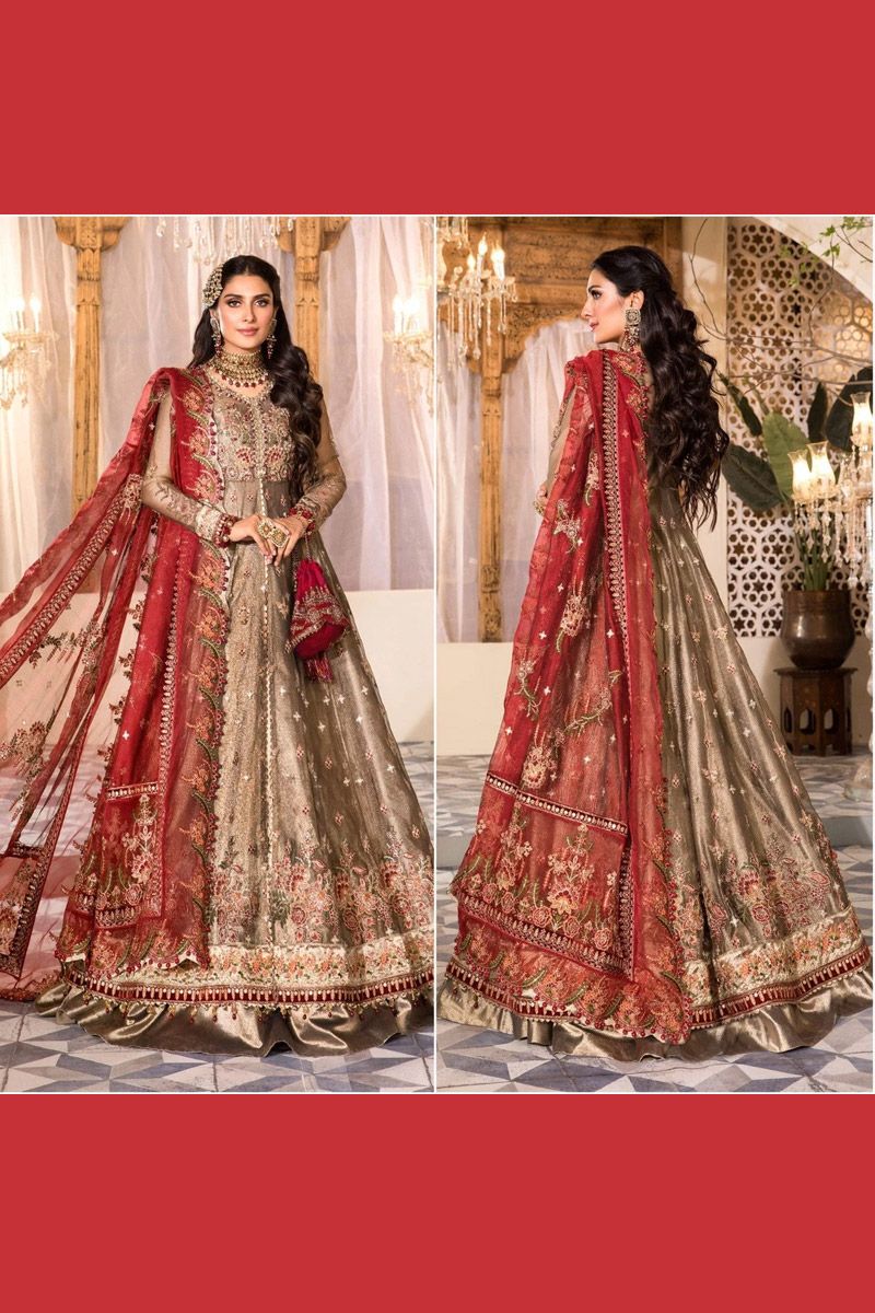 Maria B BD-2401 Style — Mairaz Burnt Gold & Maroon Long Frock