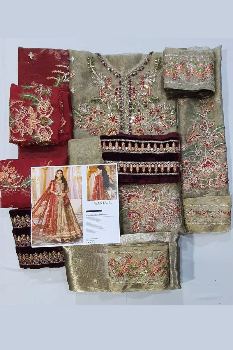 Maria B BD-2401 Style — Mairaz Burnt Gold & Maroon Long Frock