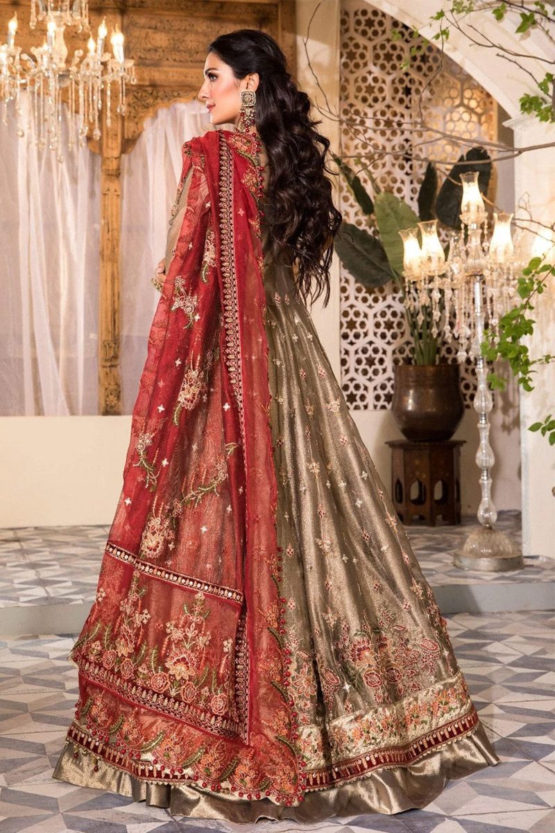 Maria B BD-2401 Style — Mairaz Burnt Gold & Maroon Long Frock