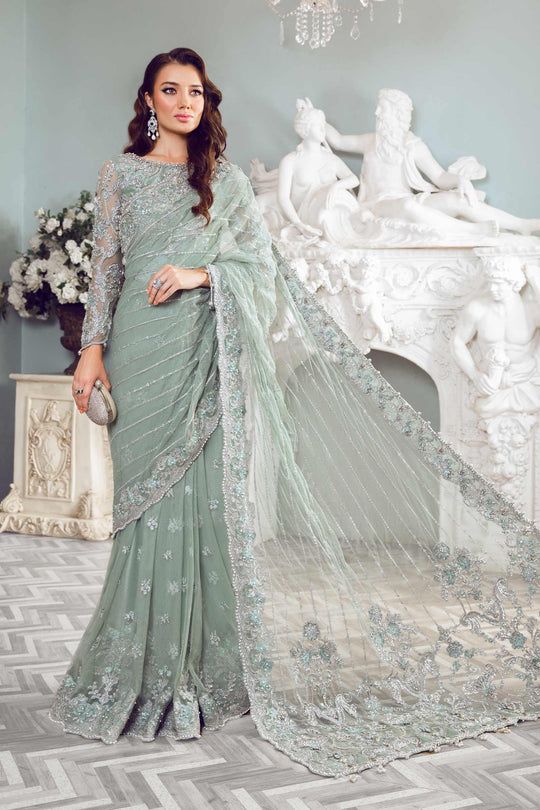 Maria B Helene style — Mairaz sea green saree reference, view 1 of 8