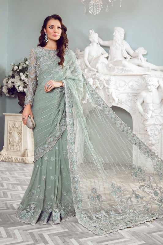 Maria B Helene style — Mairaz sea green saree reference, view 1 of 8