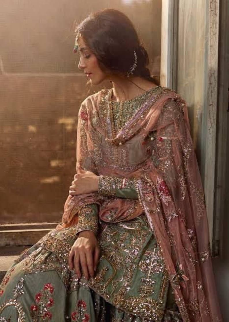 Mohsin Naveed Ranjha Zamrud style — Mairaz green gharara set reference, view 2 of 11