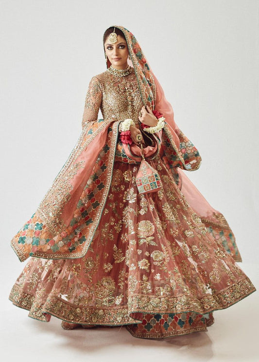 Saaz Style — Mairaz Rose Gold Net Pishwas & Sharara