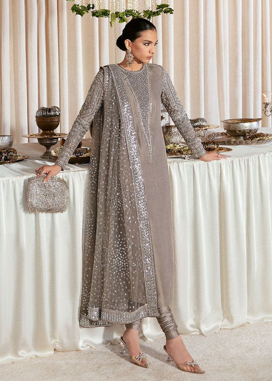 Hussain Rehar Lucent style — Mairaz grey raw silk three-piece suit reference, view 2 of 13