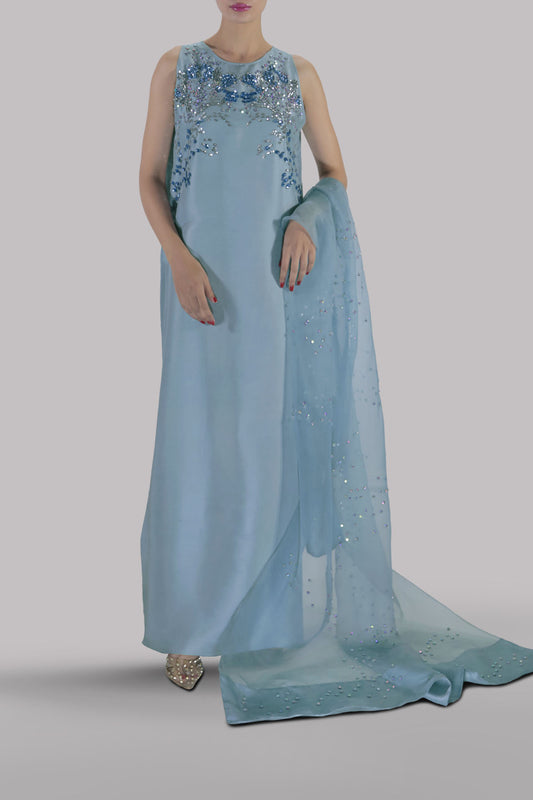 Muse Luxe Porcelain Blue Style embellished raw silk maxi full look