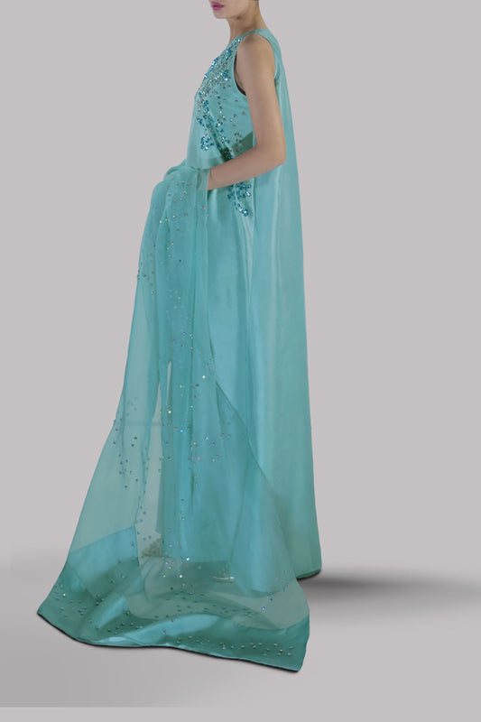Muse Luxe Porcelain Blue Style embellished raw silk maxi side view