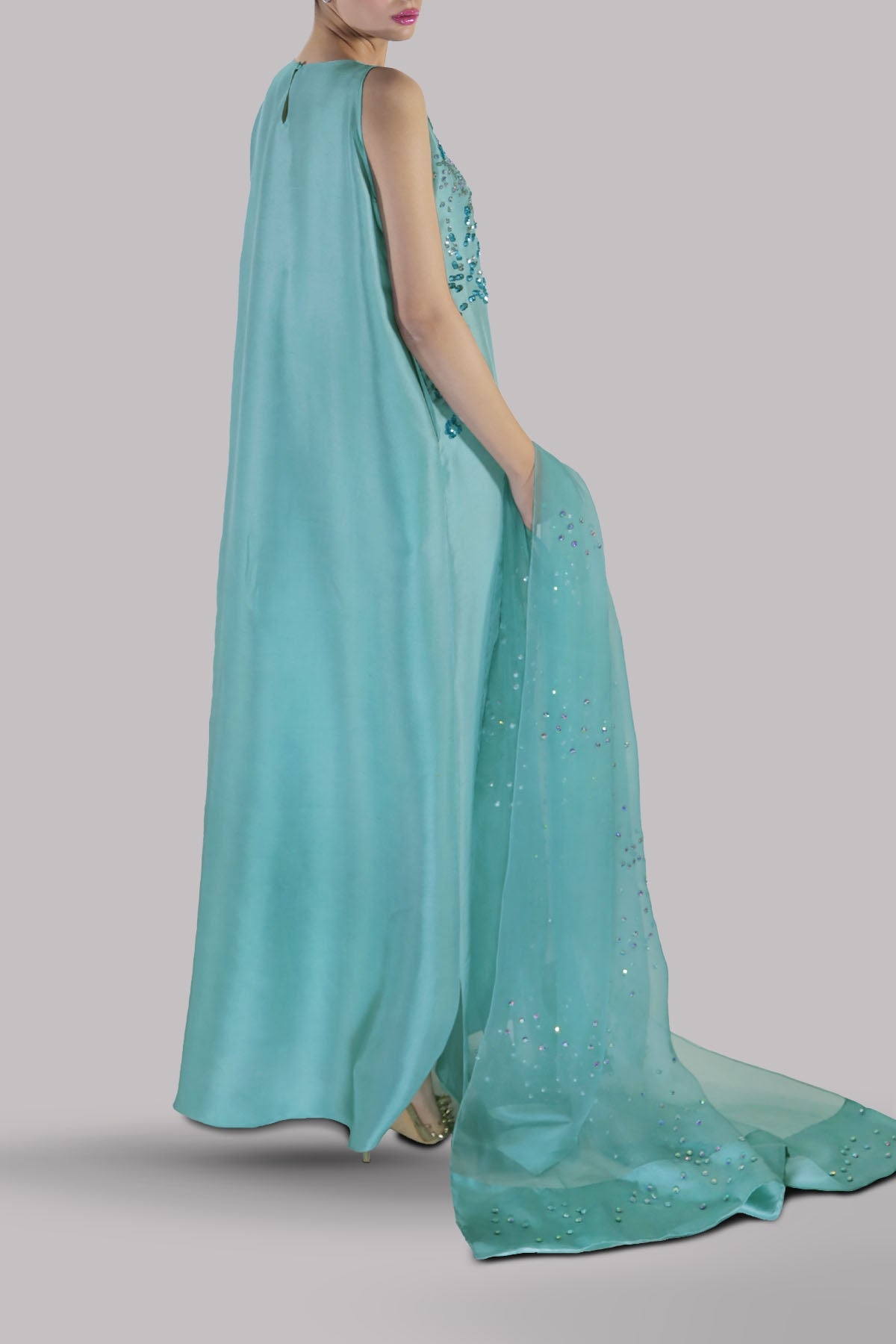 Muse Luxe Porcelain Blue Style embellished raw silk maxi back view