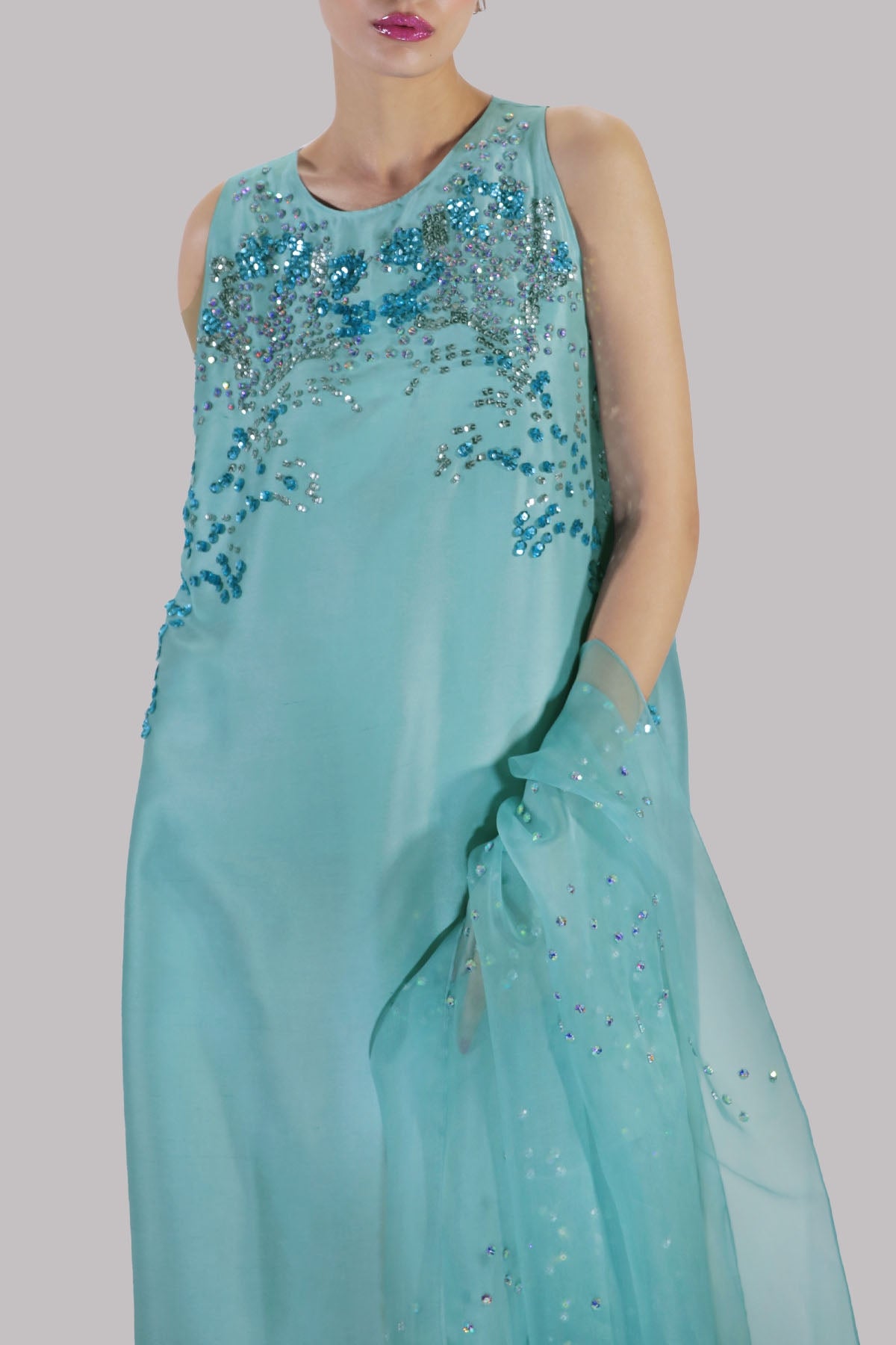 Muse Luxe Porcelain Blue Style embellished raw silk maxi close-up detail