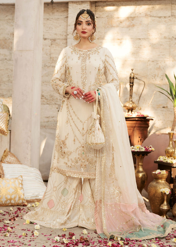 Rafia - RK1256 off-white chiffon three-piece full front view