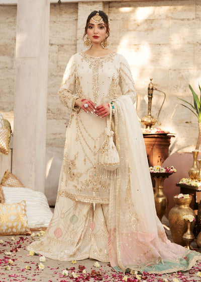 Rafia - RK1256 off-white chiffon three-piece full front view