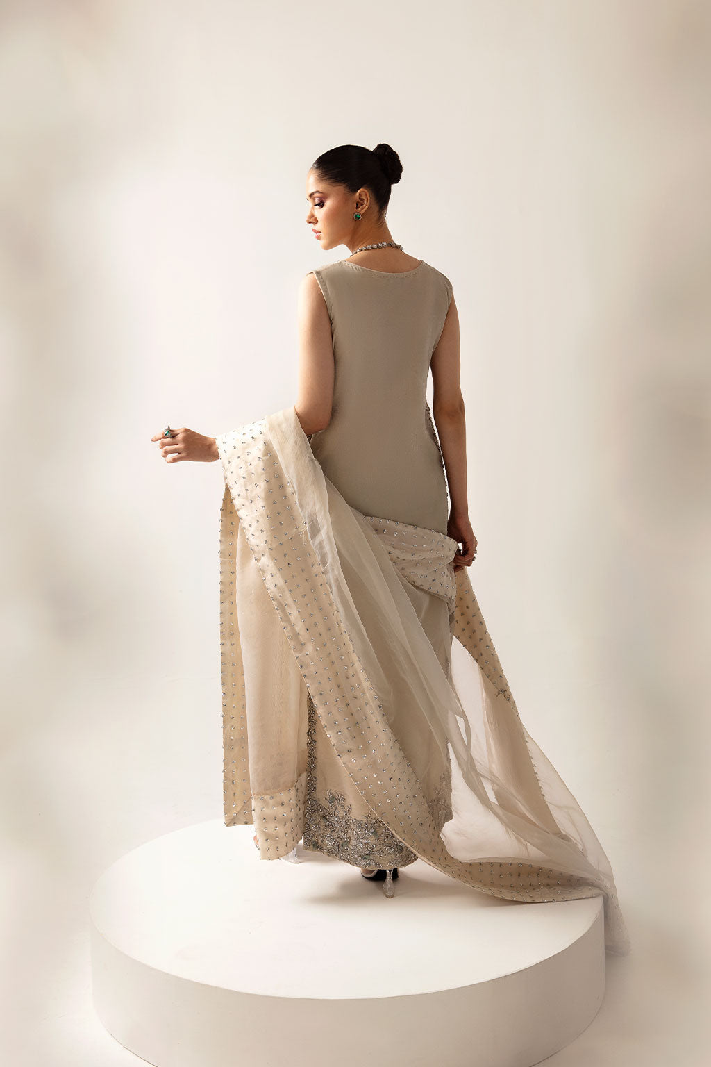 Raja Salahuddin Cece Style back view with embellished organza dupatta