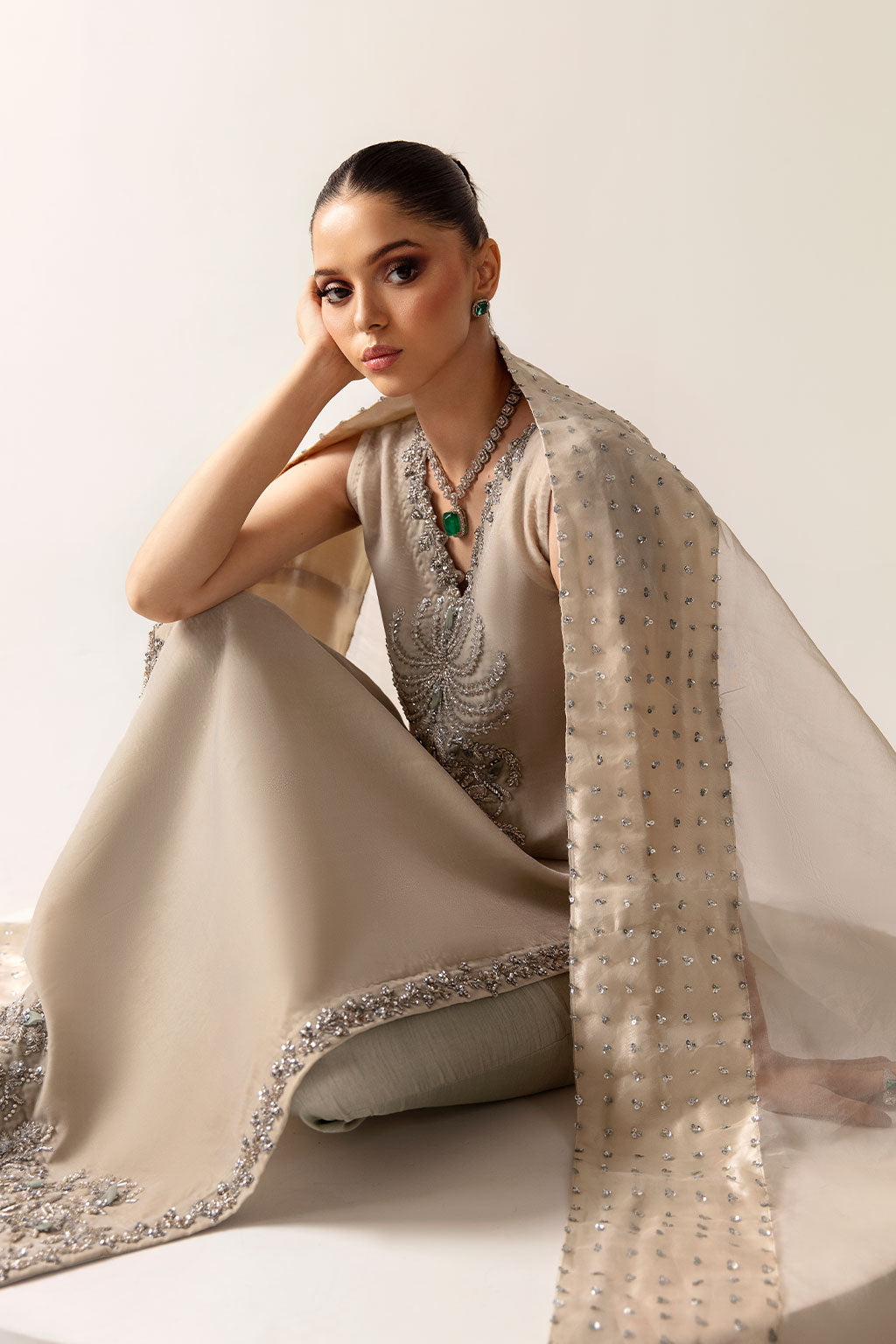 Raja Salahuddin Cece Style seated detail with organza dupatta and silver handwork