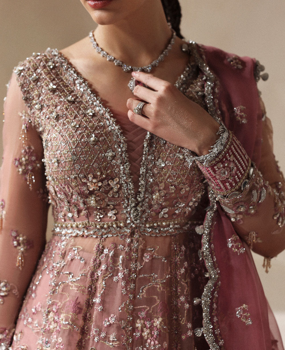 Republic Womenswear Juliane RWU-25-D5 Dusty peach with pink and silver accents — neckline and sleeve detail, design reference