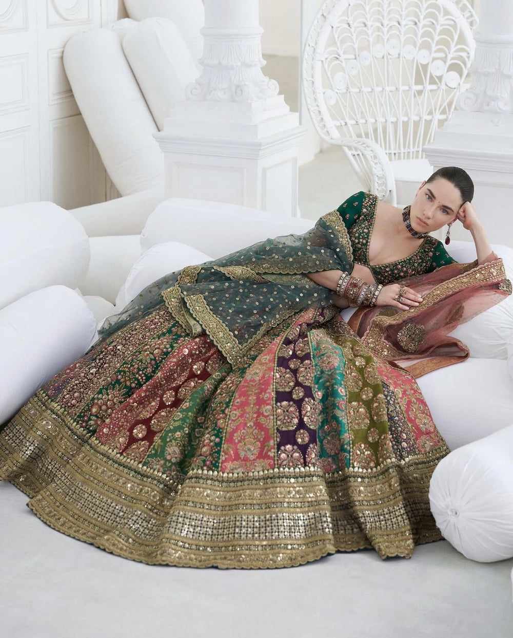 Sabyasachi Mukherjee style — Mairaz multicoloured 18-panel lehenga reference, view 2 of 3