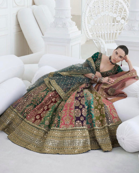 Sabyasachi Mukherjee style — Mairaz multicoloured 18-panel lehenga reference, view 2 of 3