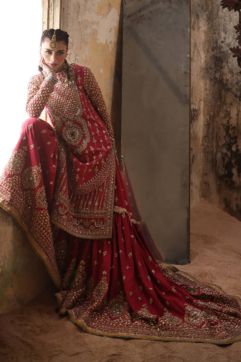 Mohsin Naveed Ranjha Ruhi Begum Style — Mairaz Carrot Red Gharara