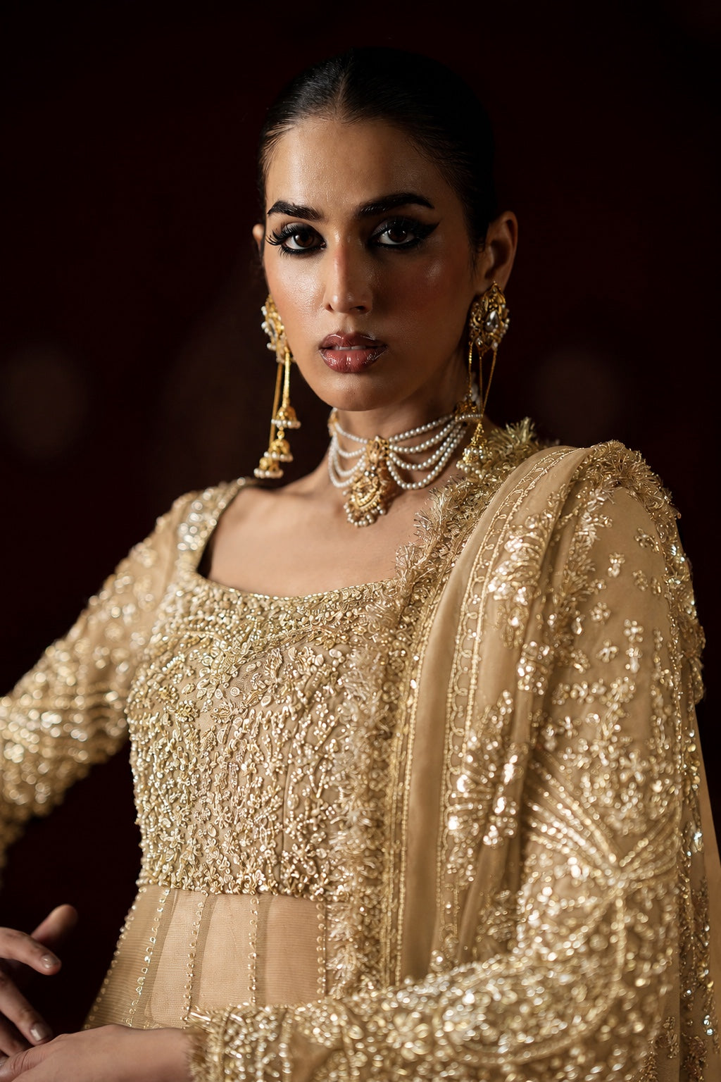 Saad Bin Shahzad Amal Style champagne gold bodice close up