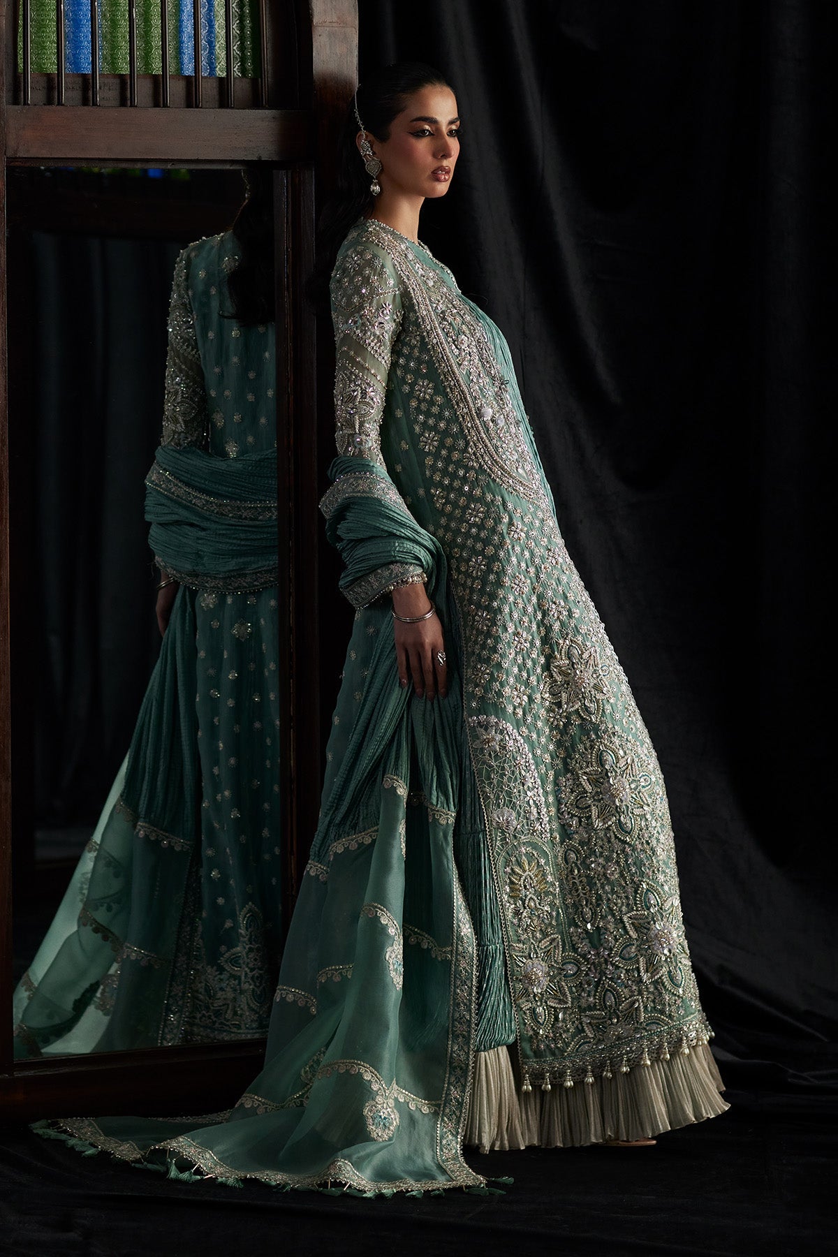Saad Bin Shahzad Olyra Style turquoise open gown reference view 1