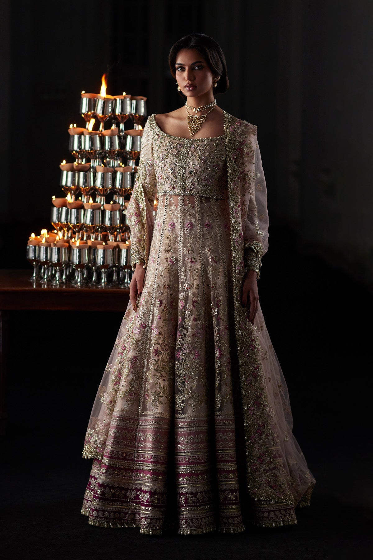 Saad Bin Shahzad Rina nude pink embroidered pishwas bridal outfit front view
