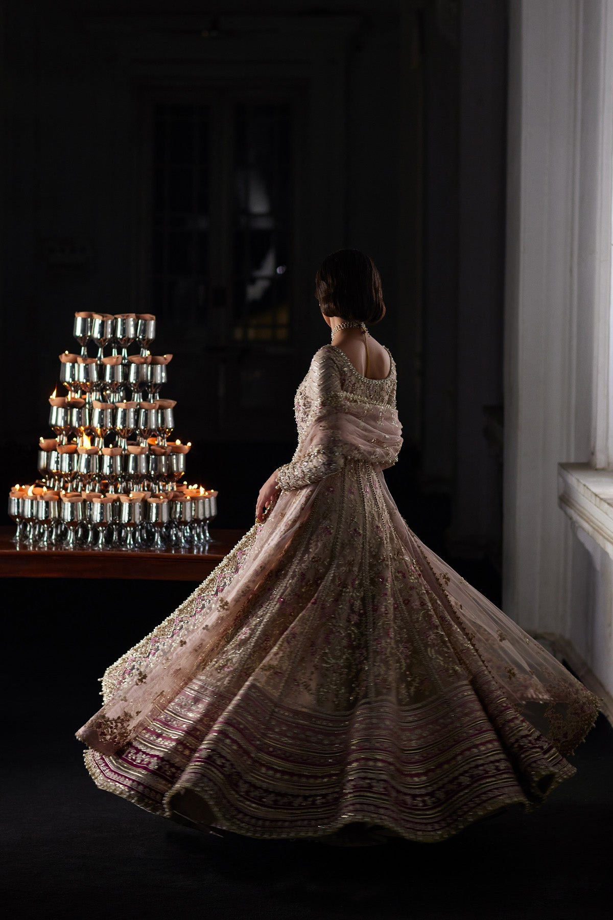 Saad Bin Shahzad Rina nude pink net pishwas and embroidered dupatta