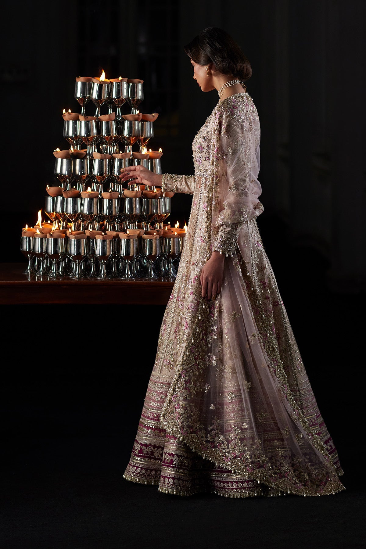 Saad Bin Shahzad Rina embroidered net pishwas with jamawar lehenga